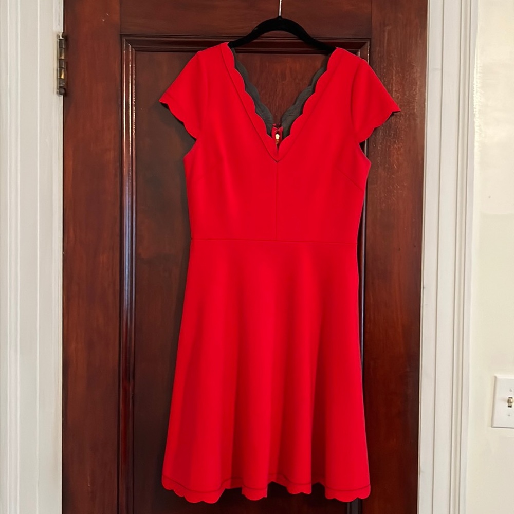 Red scalloped V neck dress